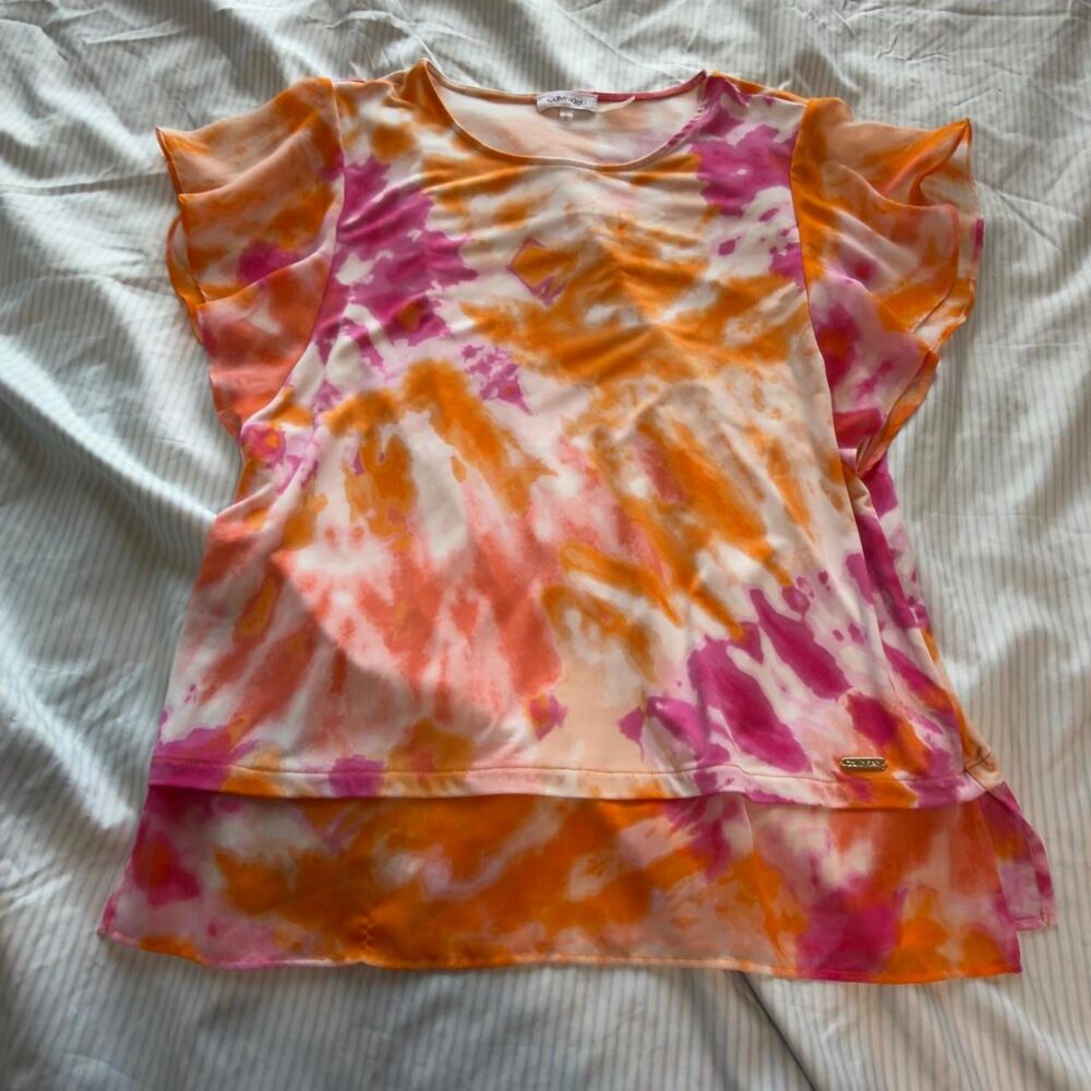 Calvin Klein Women's Tie-Dye Ruffle Sleeve Chiffon Layered Top